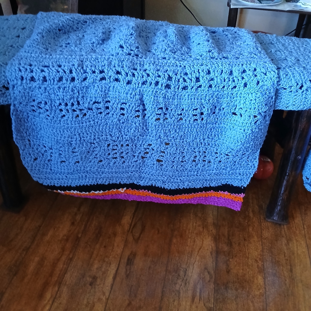Chic Blue Crochet Wrap with Multicolor Trim